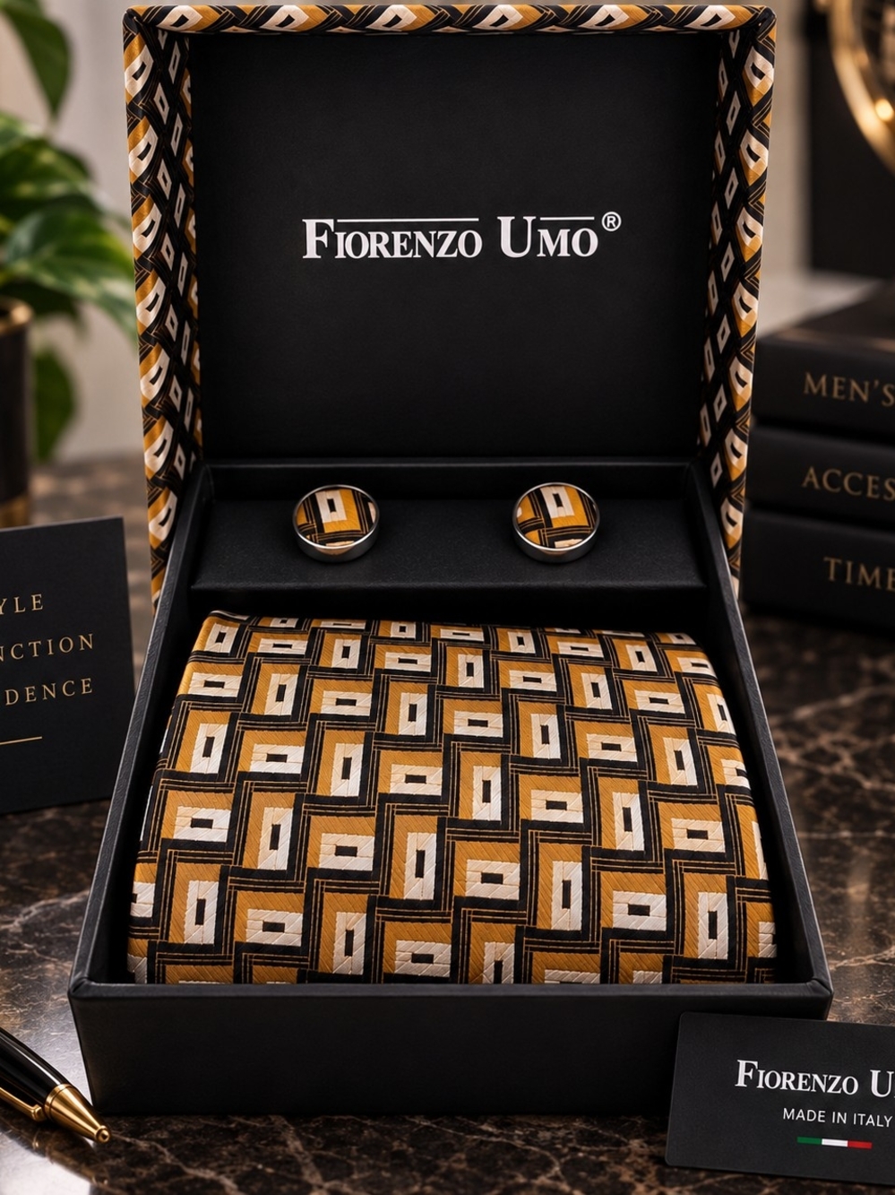 FIORENZO UMO Men's Geometric Silk Tie and Cufflinks Set - Gold & Black